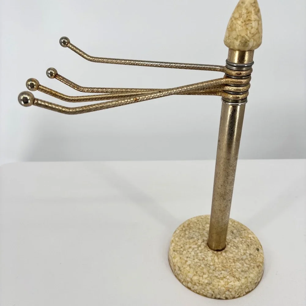 Vintage Mid Century Modern Rotating 4 Arm Jewelry Stand Gold Shell Resin Base